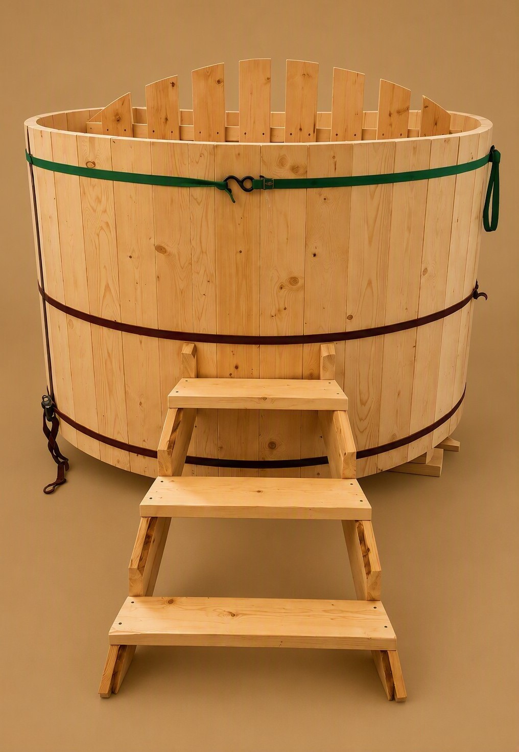Still water reflecting natural wood panels inside a wood-fired soaking tub