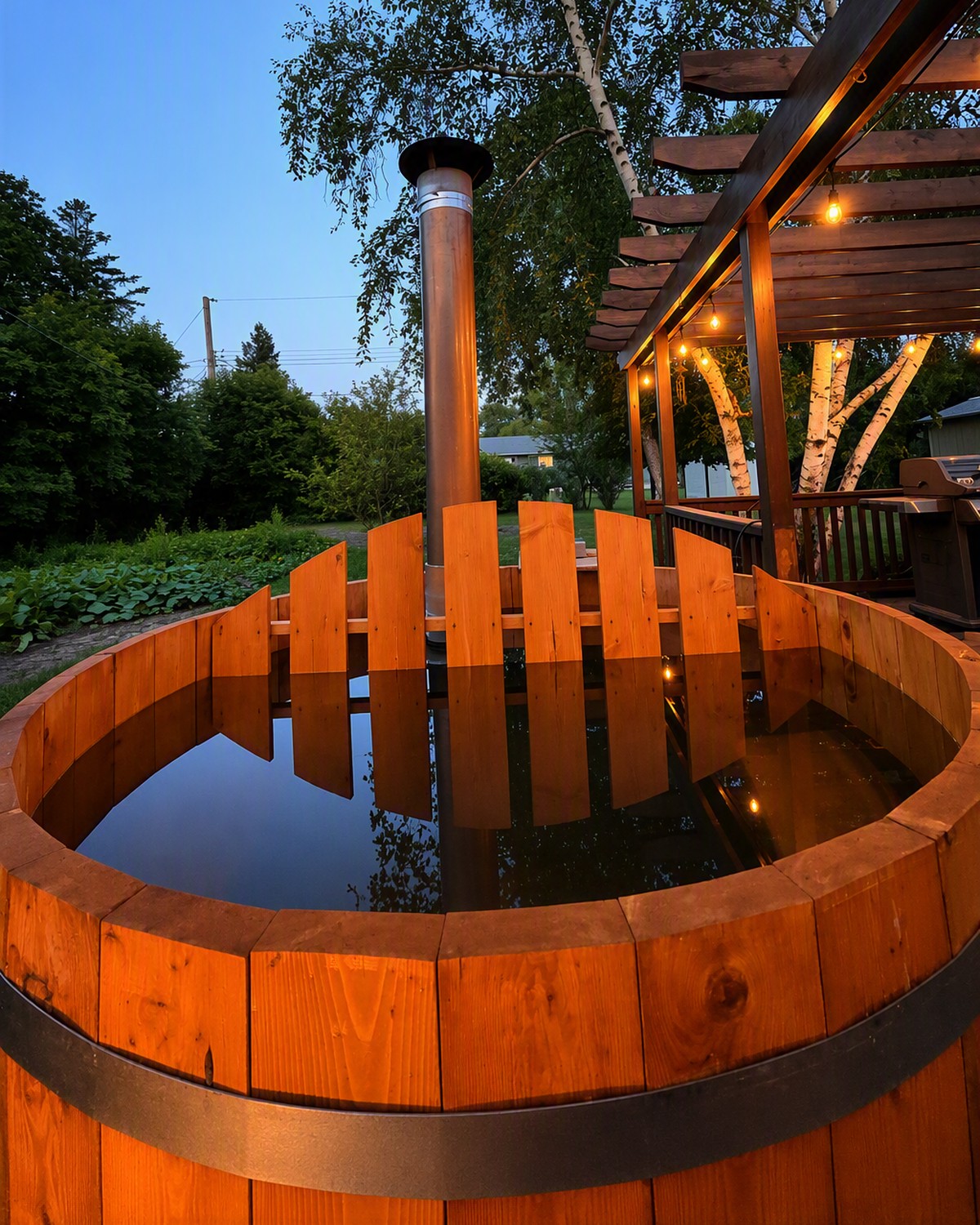 Wood-fired soaking tub in a backyard setting with trees, deck, and stainless steel chimney