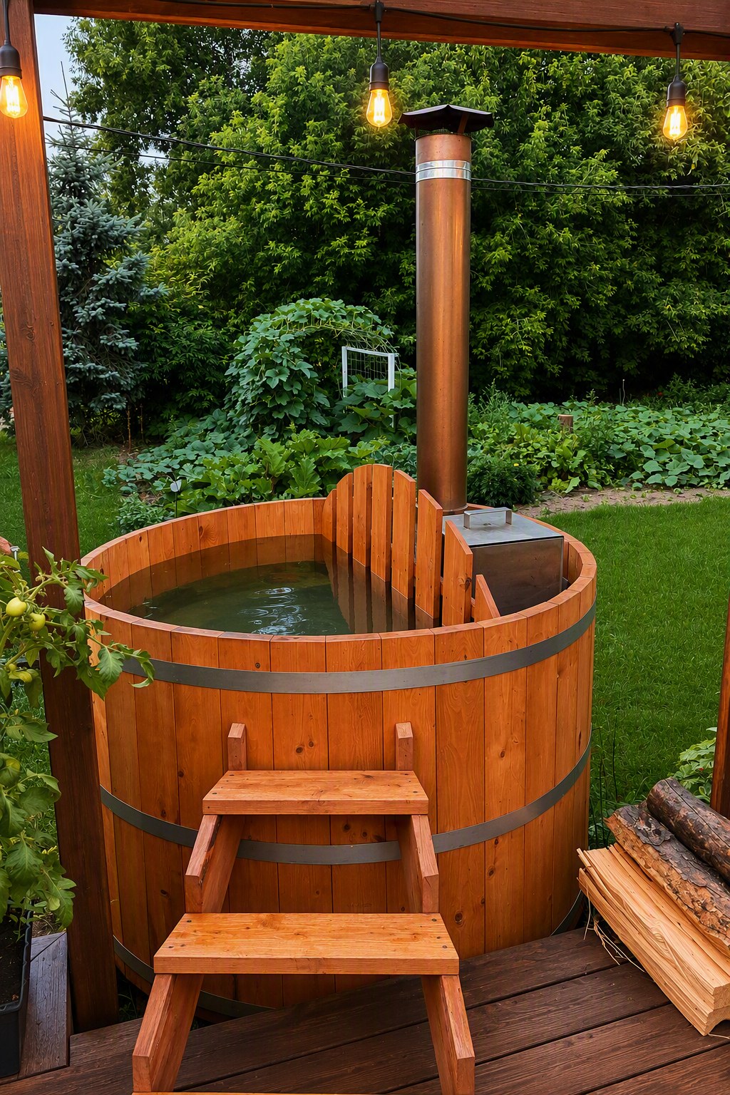 Wood-fired soaking tub with natural wood exterior, entry steps, and firewood nearby